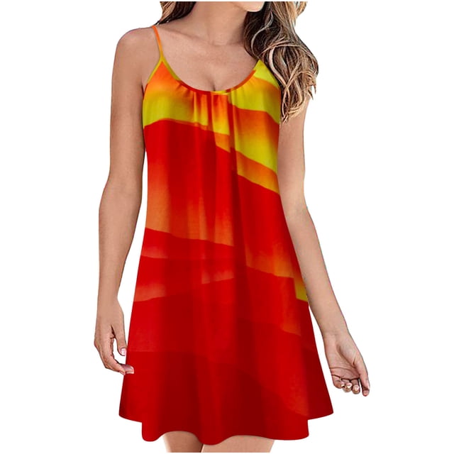 Robe d'Été Sans Manches pour Femme, Mini Robe de Plage, Bretelles Spaghetti Ajustables, Robe Ample Plissée, Robe Soleil Bohème à Imprimé