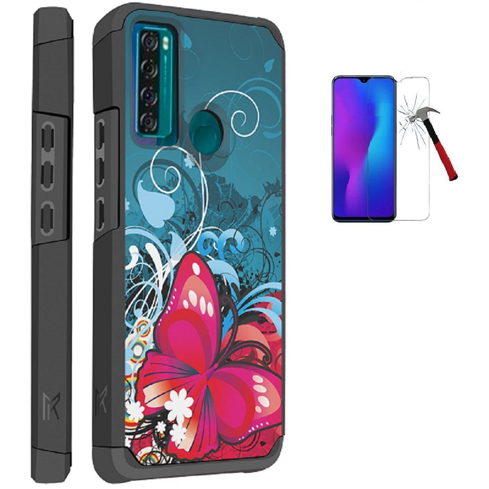 Phone Case for TCL 20XE, Shockproof Case Cover with Tempered Glass (Red Butterfly)