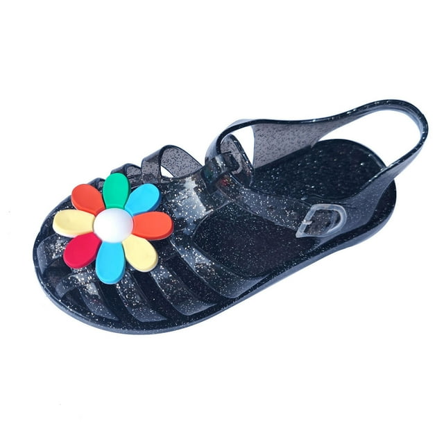 Girls Jelly Sandals Cross Straps Closed Toe Hollow out Colorful Flower Decoration Adjustable Buckle Durable Non Slip Washable Lightweight Summer PVC Water Shoes for 2-10 Years Black