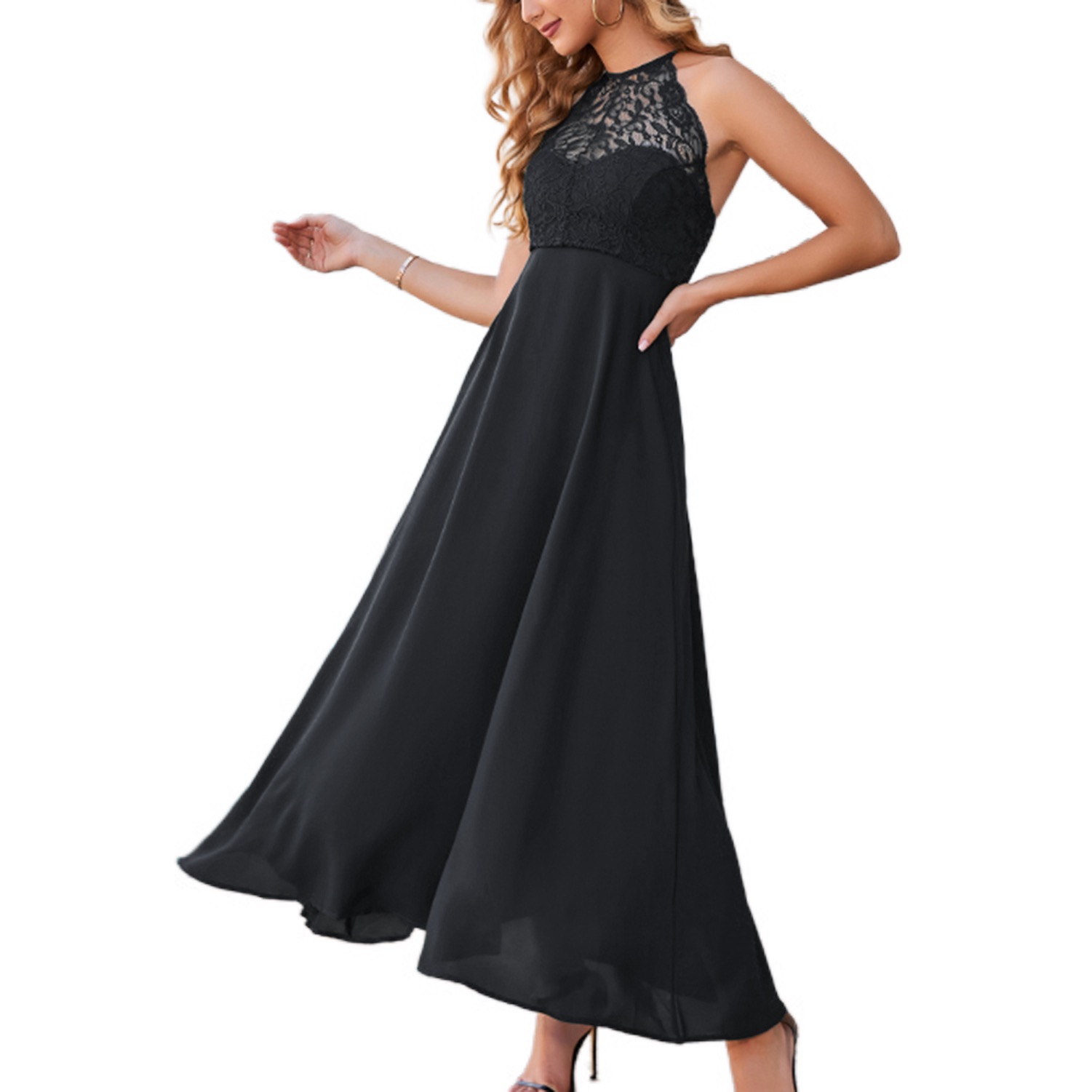 Jdlsppl Women's Long Black Dress Summer High Neckline Sexy Lace Evening Cocktail Party Ankle