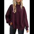 thumbnail image 1 of Suéteres de Murciélago Extragrandes para Mujer, Conjuntos de Otoño 2025, Suéteres de Cuello Redondo de Punto con Abertura Lateral, Tops de Moda. Vino Tinto XL, 1 of 7