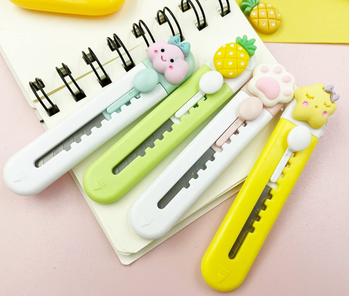 Cute Box Cutter, 4pcs Retractable Mini Art Cutter,Cloud Fruits Animal Pattern Kawaii Utility Knife Portable Letter Opener for Cutting Envelopes Paper