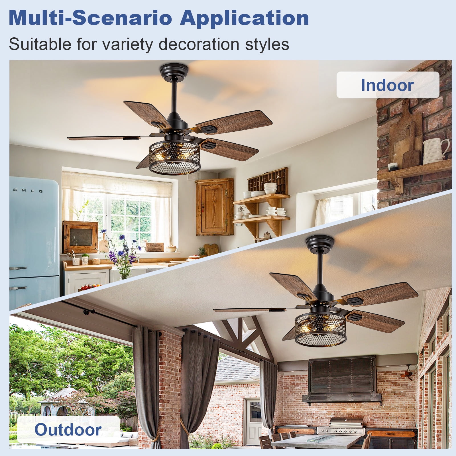 Depuley 42-Inch Fine Net Caged Ceiling Fans with Lights: Dual Finish 5 Black Walnut Blades Hanging Fan - Rustic Ceiling Fan with Remote Control for Farmhouse Indoor/Outdoor Use