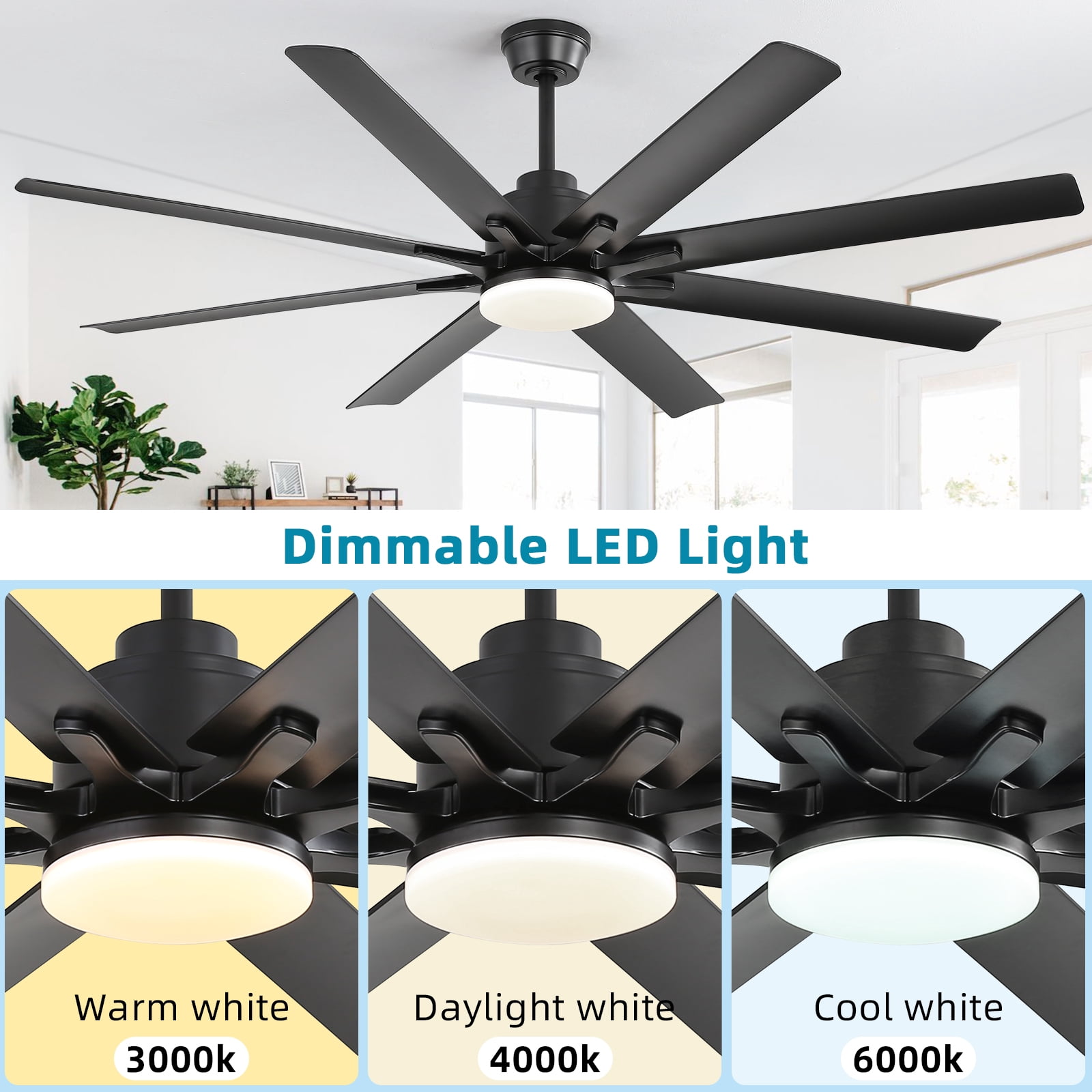 Sofucor 66" Modern Black Ceiling Fan with LED Light, Phone App, Remote, and Voice Control