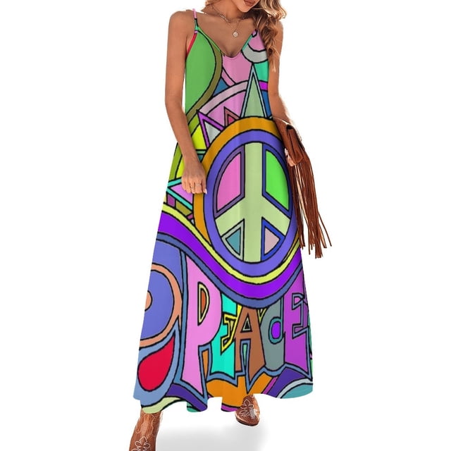 Vestido sin mangas con estampado de arte hippie psicodélico colorido, elegante y suelto, ropa de mujer elegante, ropa estética de lujo