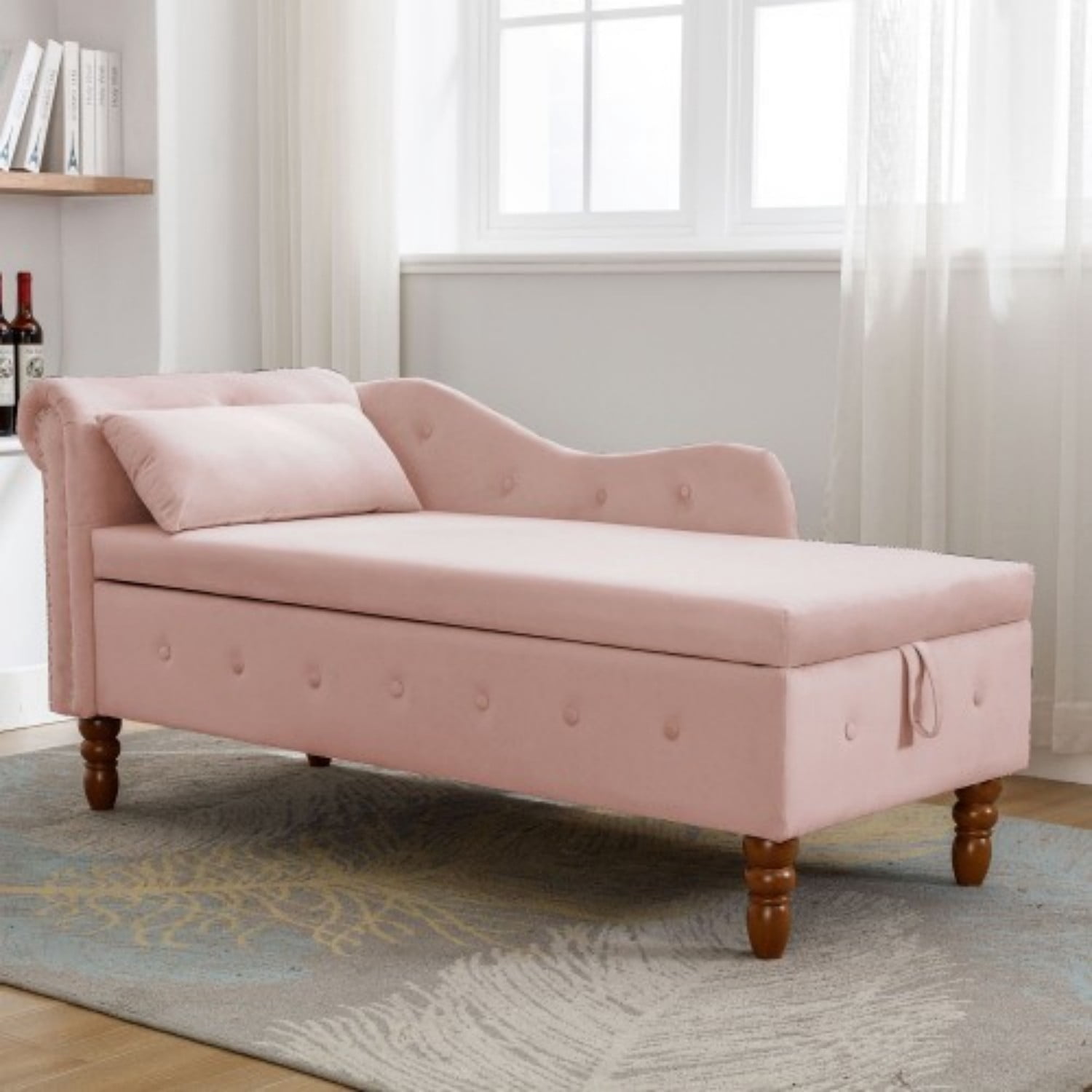 Velvet Chaise Lounge Chair with Storage, Upholstered Chesterfield Lounge Chair with Rolled Arm, Tufted Back, Pillow & Hidden Storage for Living Room, Bedroom & Office, Pink
