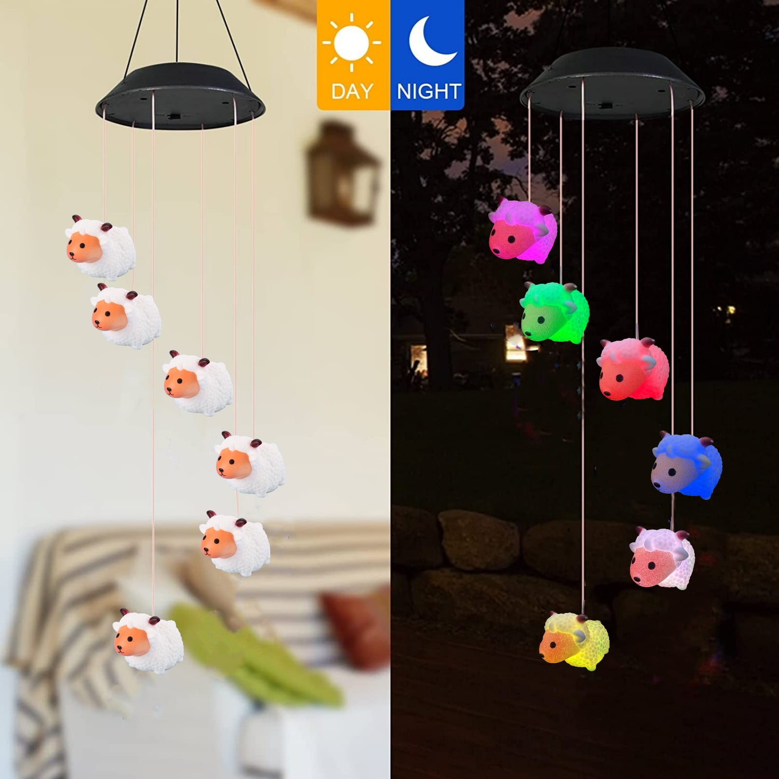 6 Color Changing LEDs Solar Pink Face Sheep Wind Chimes Lights Gift for Mom, Festival, Patio, Garden, Outdoor Farmhouse Decoration
