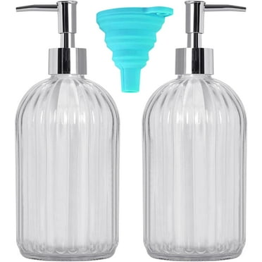 Bathroom Soap Dispenser Set, RABBITXOCO 2 Pack 18oz/500ml Dish Soap Dispenser for Kitchen Sink Liquid Hand Sanitizer Soap Dispenser Set Jar Lotion Clear Glass Soap Dispenser with Pump Silicone Funnel