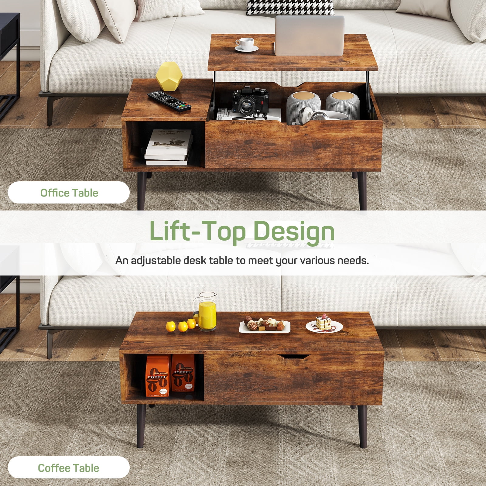 Casabay Lift Top Coffee Tables for Living Room, Small Modern Wooden Center Tables with Storage Shelf and Hidden Compartment