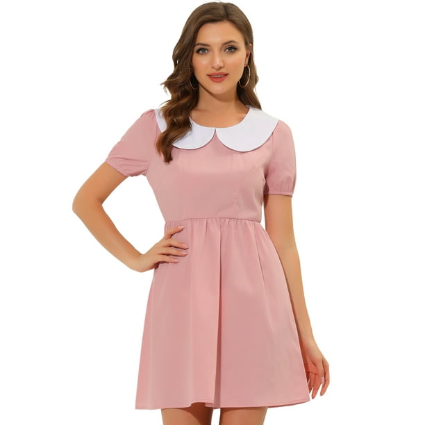 Vestido entallado y con vuelo de manga corta abullonada con cuello Peter Pan en contraste para mujer Rosa M
