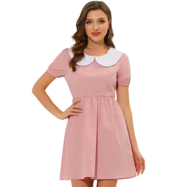 Vestido entallado y con vuelo de manga corta abullonada con cuello Peter Pan en contraste para mujer Rosa S