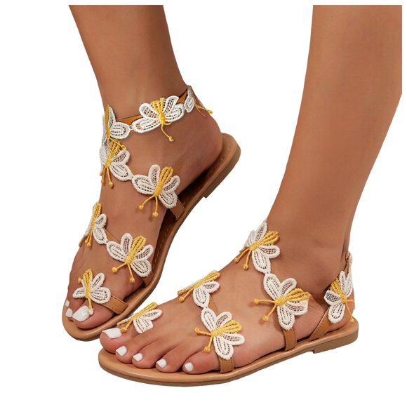 Dakaela Women's Summer Flat Sandals Rhinestone Butterfly Elastic Strap Slip on Flip Flops Toe Ring Roman Casual Lace Beach Flats Shoes Yellow,7