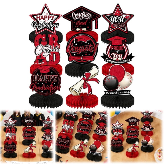 Graduation Table Decorations 2026 - Graduation Centerpieces for Tables, 9 Pcs Black and Red Honeycomb Centerpieces, 3D Congrats Grad Table Toppers for Class of 2026 Grad Party Decorations
