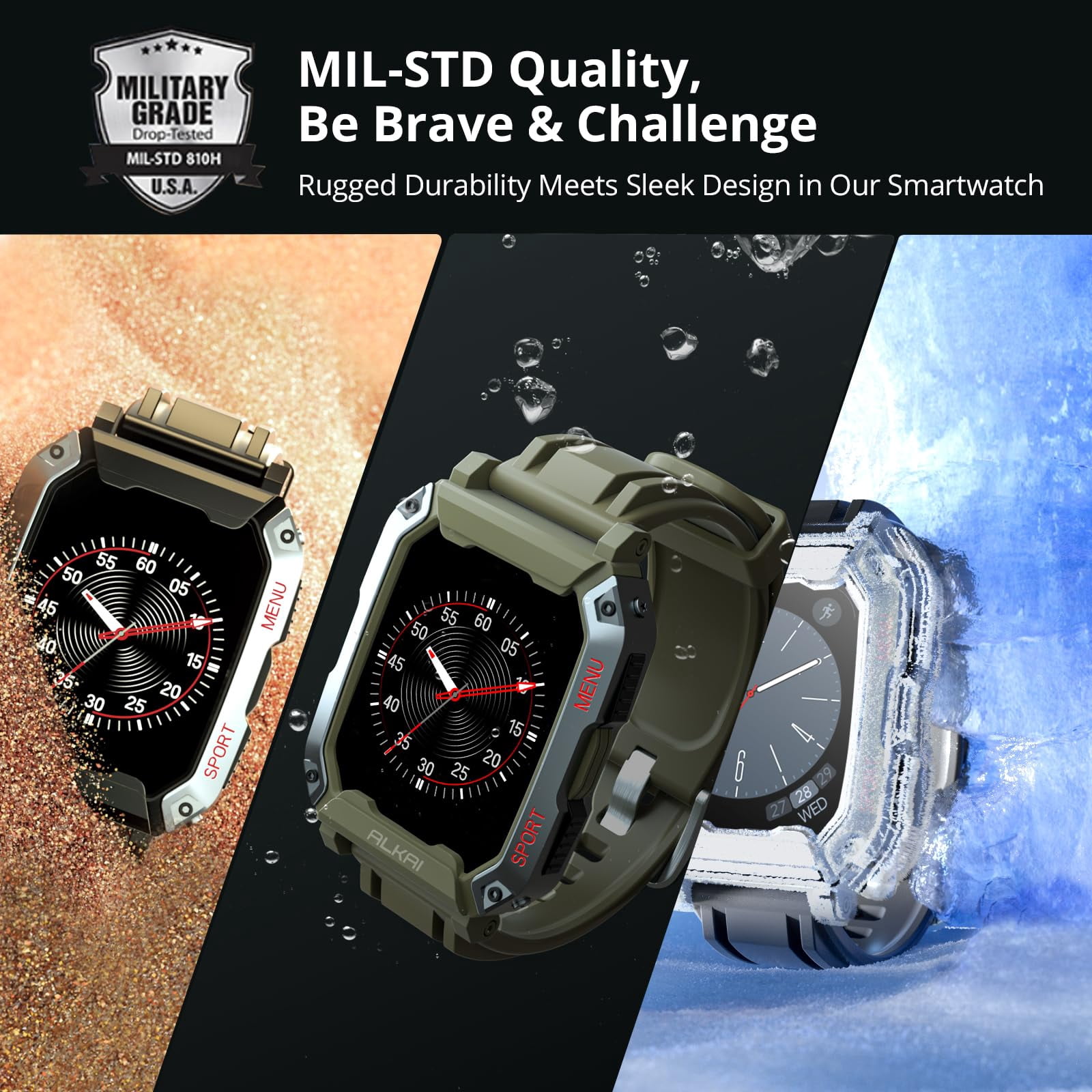 ALKAI Smart Watch Rugged and Military with 5ATM Waterproof Bluetooth Call(Answer/Dial Calls) AI Assistant, Long-Lasting Battery Life, Multiple Sports Tracking, 2.02'' HD Display