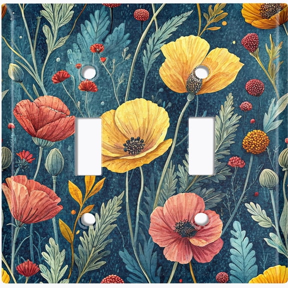 Metal Light Switch Wall Plate Outlet Cover (Vintage Poppy Flowers - Double Toggle)