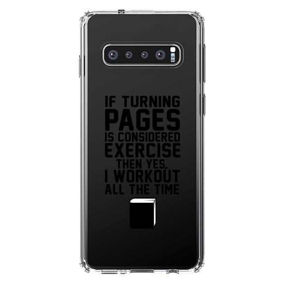 DistinctInk Clear Shockproof Hybrid Case for Samsung Galaxy S10 (6.1" Screen) - TPU Bumper Acrylic Back Tempered Glass Screen Protector - Turning Pages Considered Exercise I Workout