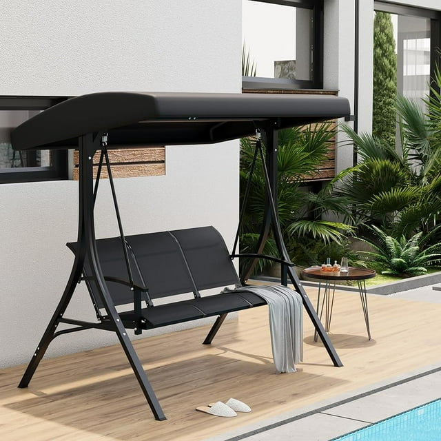 Ourlova Balançoire de Porche Extérieure à 3 Places avec Auvent – Tissu Textilène Robuste, Pare-Soleil Réglable, Balançoire de Patio, Jardin et Cour Arrière Résistante aux Intempéries