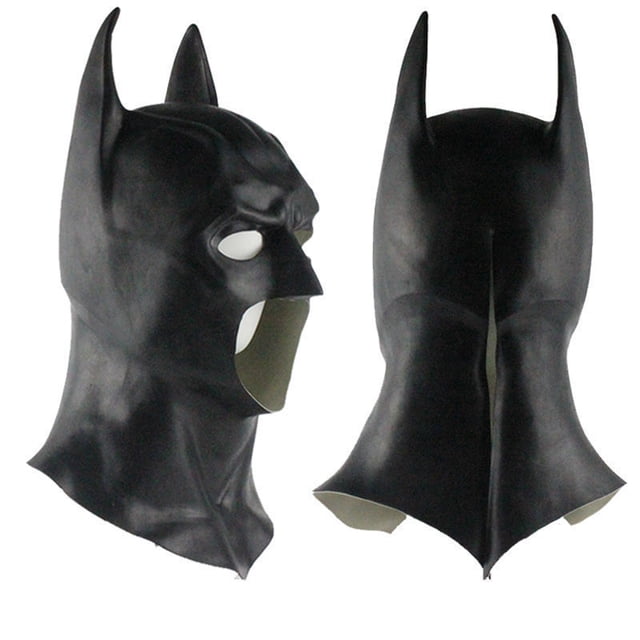máscaras de murciélago hombre máscara de cabeza completa látex bruce wayne caballero oscuro cosplay máscara de murciélagos fiesta de halloween versión 1989mascarillaporcelana máscara de látex negra de cabeza completa en vistas frontal y posterior con orejas puntiagudas, aberturas para ojos y boca y faldón que cubre el cuello; ideal para cosplay adulto y fiestas de Halloween.