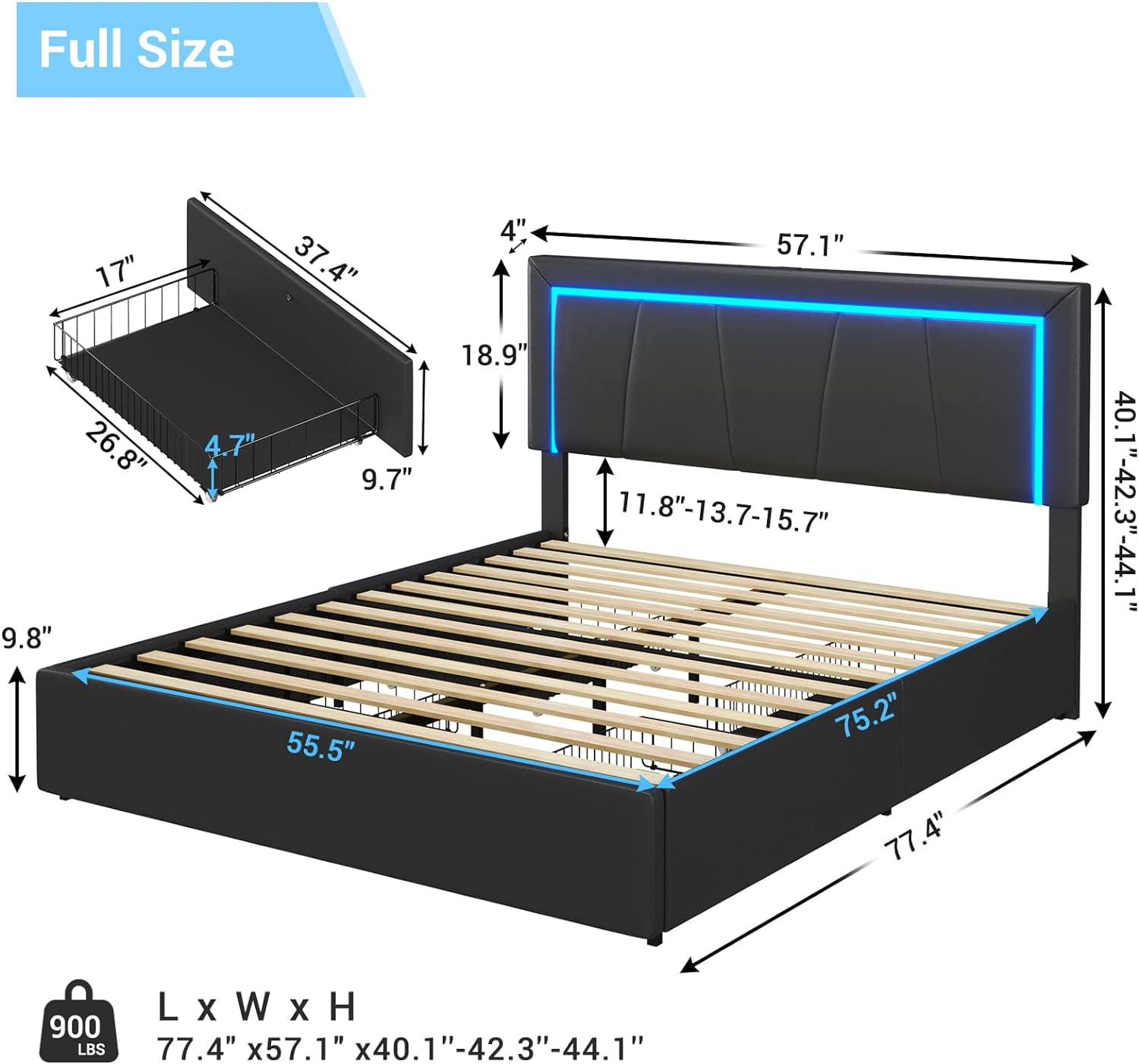Full Bed Frame with LED Headboard Modern Upholstered Platform Bed Frame with 4 Storage Drawers & USB and Type-C Ports,Faux Leather Bed Frame for Bedroom,Black