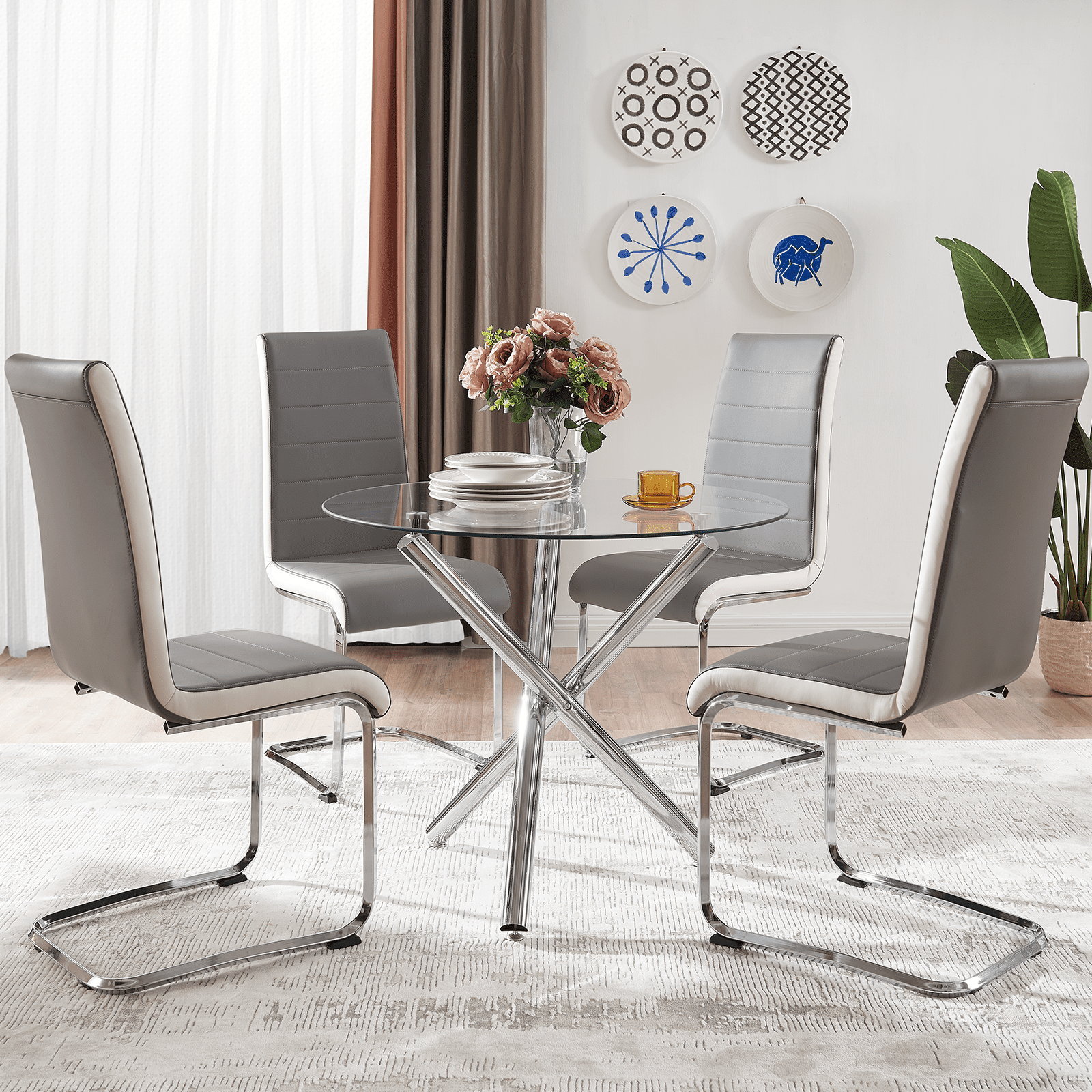 Nopurs Round Dining Table Set for 4,Modern Round Glass Table with Faux