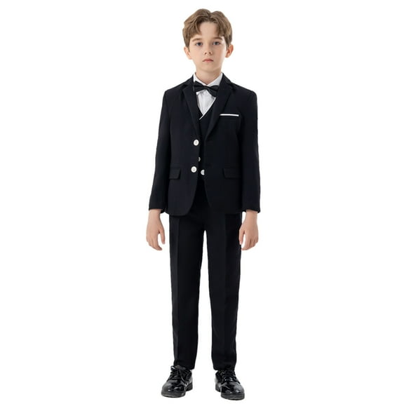 Boy Formal Suits 4 Piece Slim Fitting Suit for Kids Tuxedo Sets Wedding Ring Bearer Outfits Pant Sets for Lady Dressy Casual Black 11Y