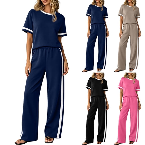 2 Piece Sets for Women Summer Short Sleeve Wide Leg Outfits Crew Neck Casual Lounge Set with Pockets, S