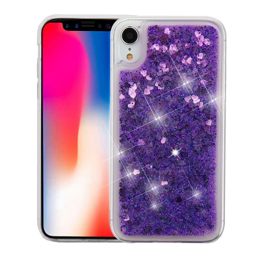 For iPhone Xr 6.1" Purple Floating Hearts Liquid Waterfall Sparkle