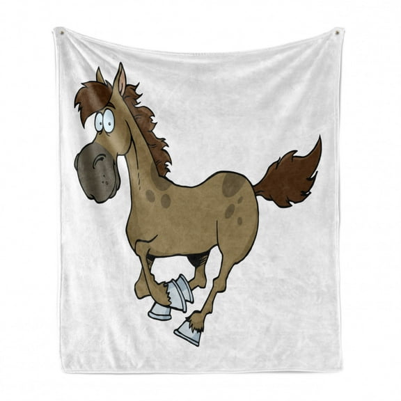 Western Horse Soft Flannel Fleece Throw Blanket, Galloping Equine Animal in Cartoon Style on Plain Backdrop Illustration, Cozy Plush for Indoor and Outdoor Use, 50" x 70", Dark Khaki, by Ambesonne