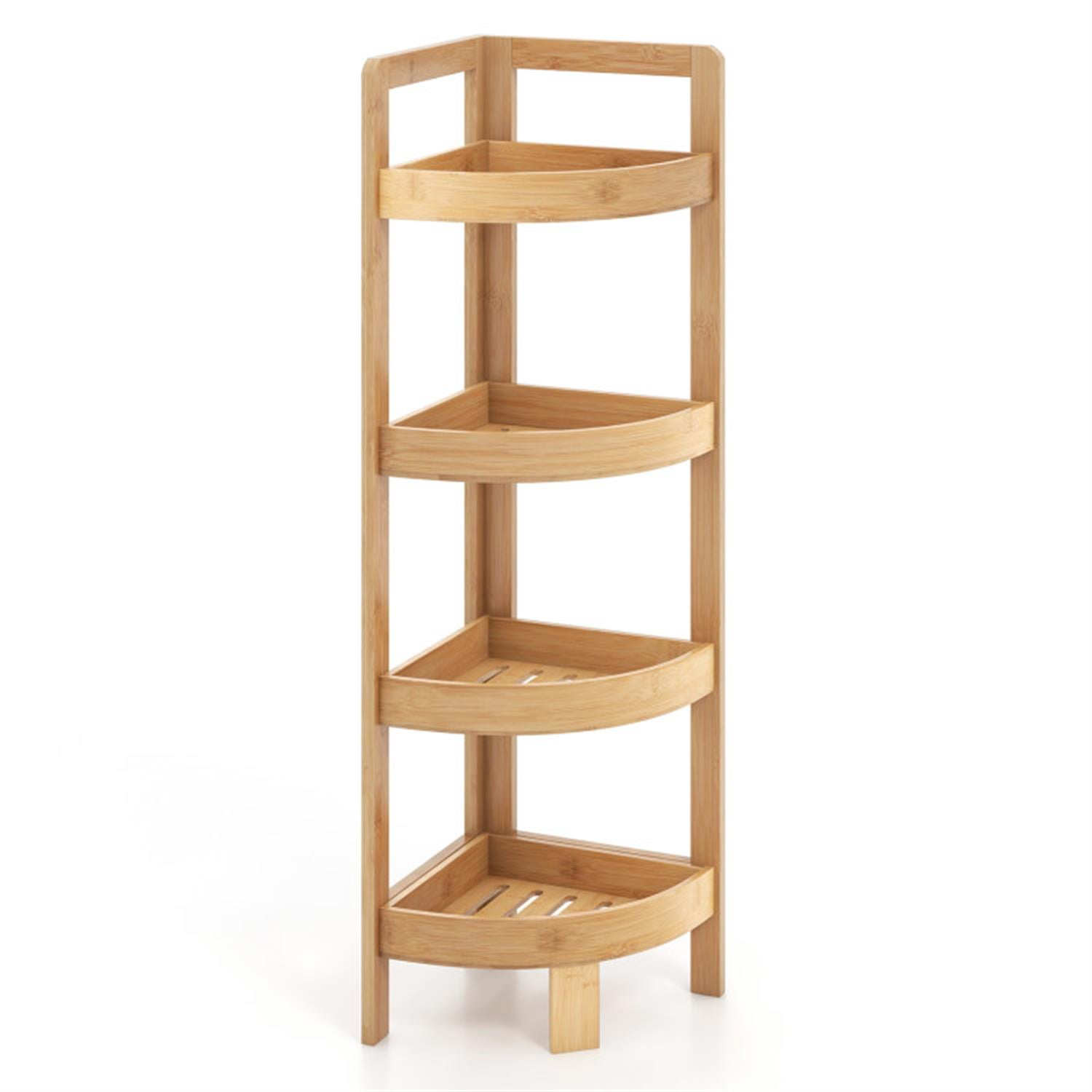 Demi Bonn 31" Corner Shelf, 4-Tier Freestanding Bamboo Display Shelving Tower, Storage Organizer Shelving Unit for Living Room, Bathroom, Kitchen and Office, Beige