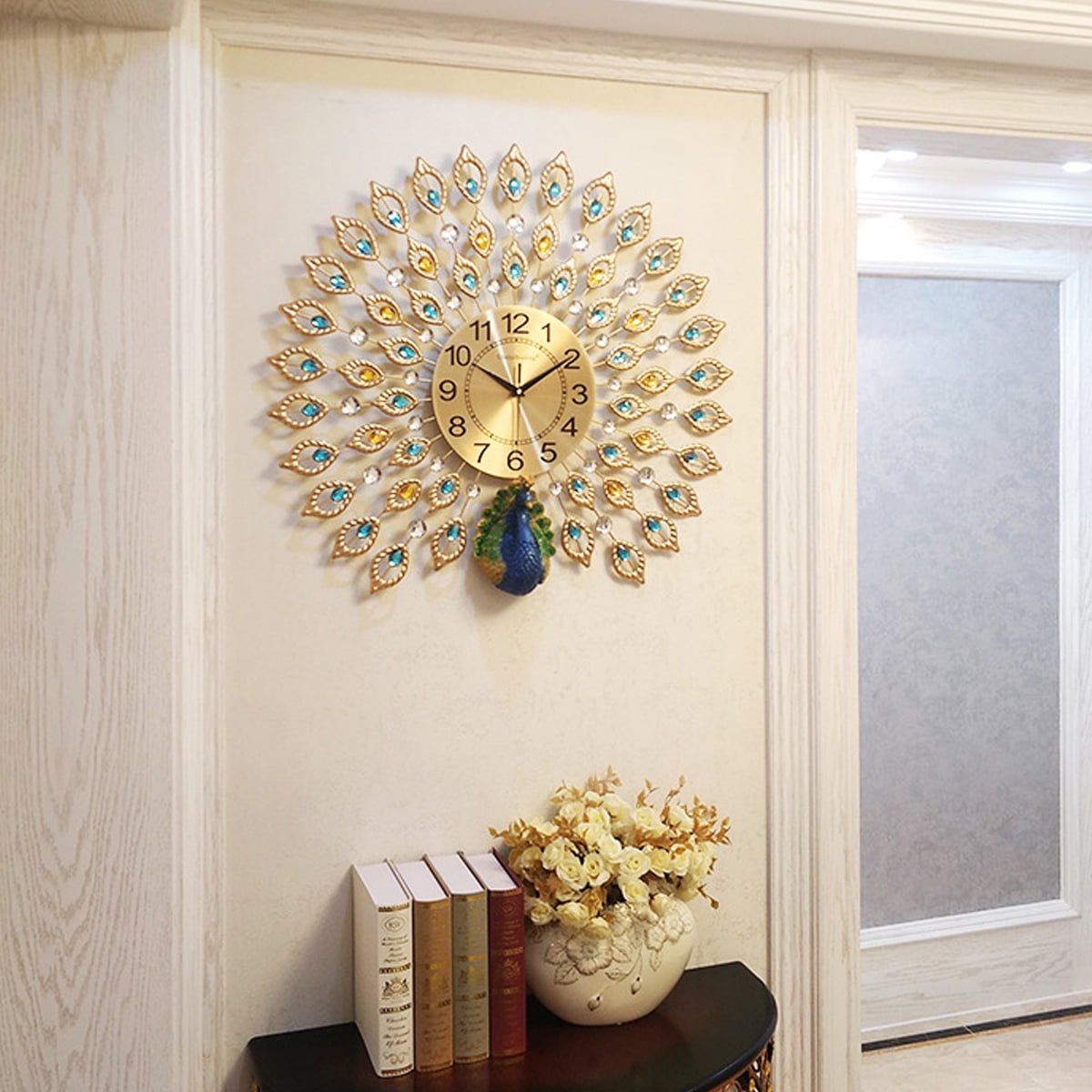 21" Fashion Oversize 3D Diamonds Peacock Wall Clock Decorative Silent