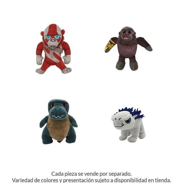peluche godzilla x kong 6in bandai Multicolor — cuatro peluches de 6 pulgadas inspirados en Godzilla x Kong: Kong con traje rojo y rayas blancas, Skar King en marrón y morado con detalle amarillo en el brazo, Godzilla verde azulado con vientre beige y Shimo blanco con cresta azul; vista frontal sobre fondo blanco; cada pieza se vende por separado, ideal para coleccionar.