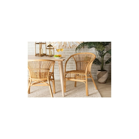 Modern Rattan Dining Chair - Bohemian Style, Natural Brown, Sloping Arms, Sturdy Frame, Home Accent