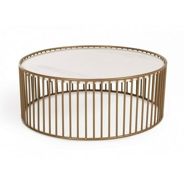 Round Slated Metal Coffee Table with Faux Marble Tray Top, Gold and White- Saltoro Sherpi