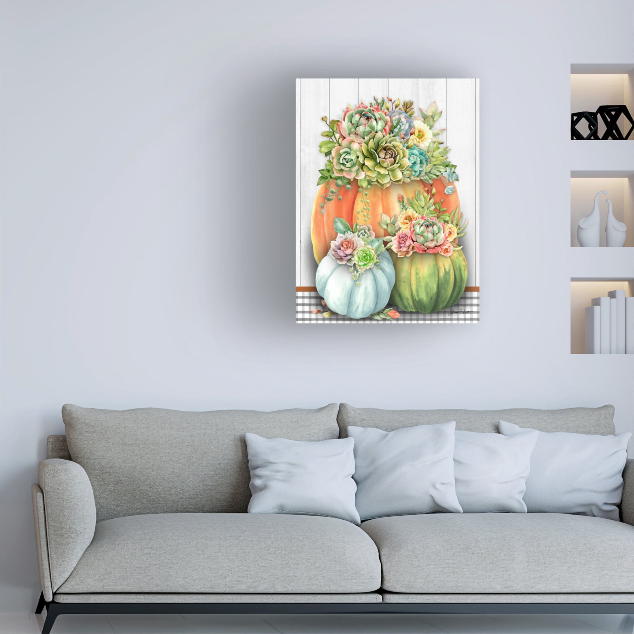 Canvas Wall Art - Jean Plout 'Pumpkins With Succulents A' Wall Art for Living Room, Bedroom, or Office Décor by Trademark Fine Art - 35 x 47 Inches