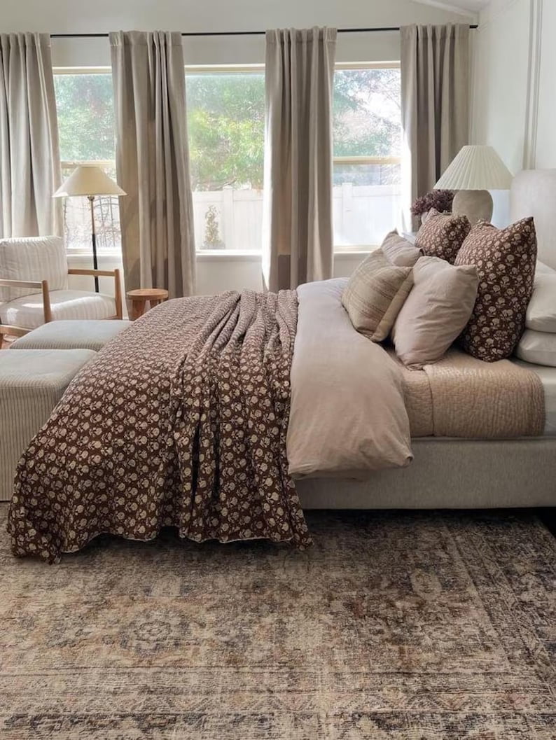 A And E Textiles House Brown Indian Block Print Kantha Quilt - Handmade, Cozy Throw Blanket