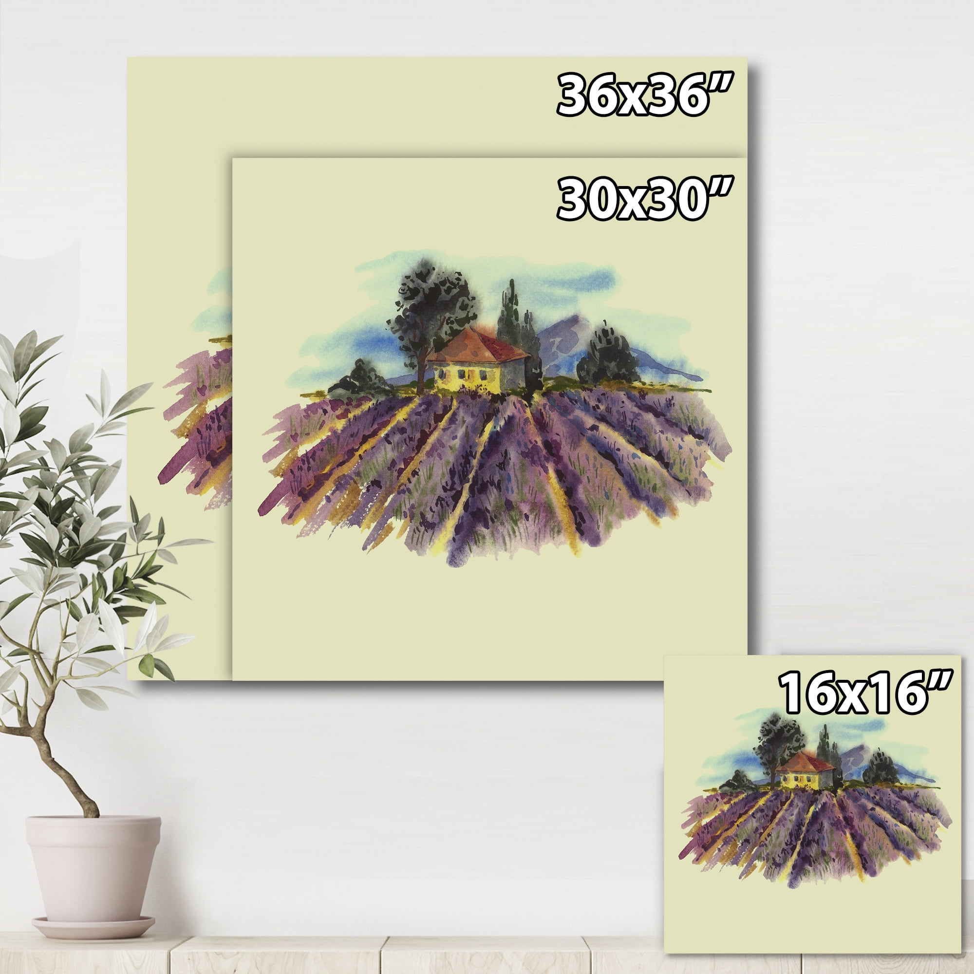 Designart ' Landscape With Blooming Lavender and Village House ' Traditional Canvas Wall Art Print