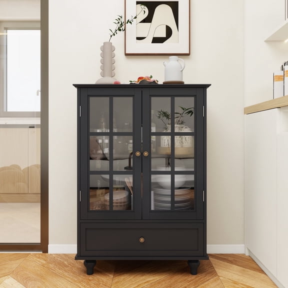 MDQMD Small Black Storage Cabinet with Glass Door & Adjustable Shelf, Kitchen Floor Cabinet with Drawer for Living Room