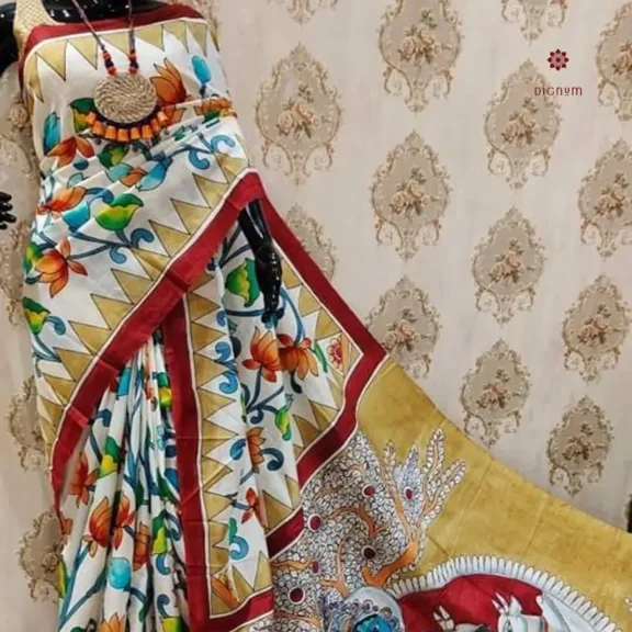 Pure White Pure Silk Hand Painted Kalamkari Saree