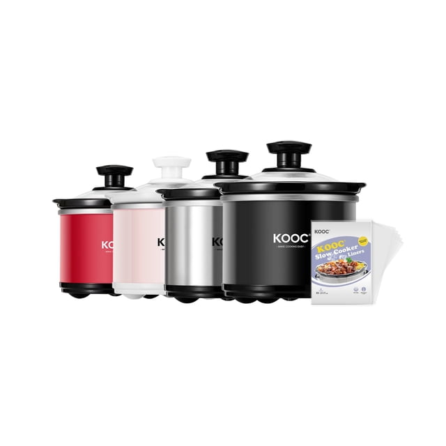 KOOC Small Slow Cooker, 0.65 Quart, Free Liners Included, Upgraded Ceramic Pot, Nutrient Loss Reduction, Sauces, Stews & Dips, Stainless Steel, Black