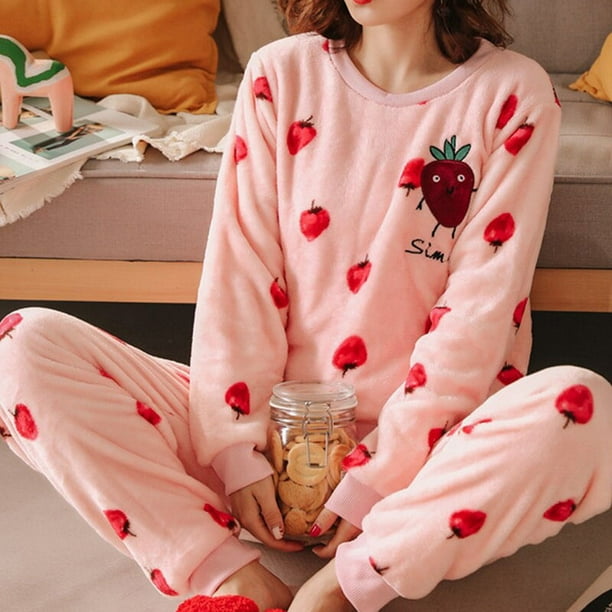 Women Winter Fleece Pajama Sets Sleepwear Cute Cartoon Flannel