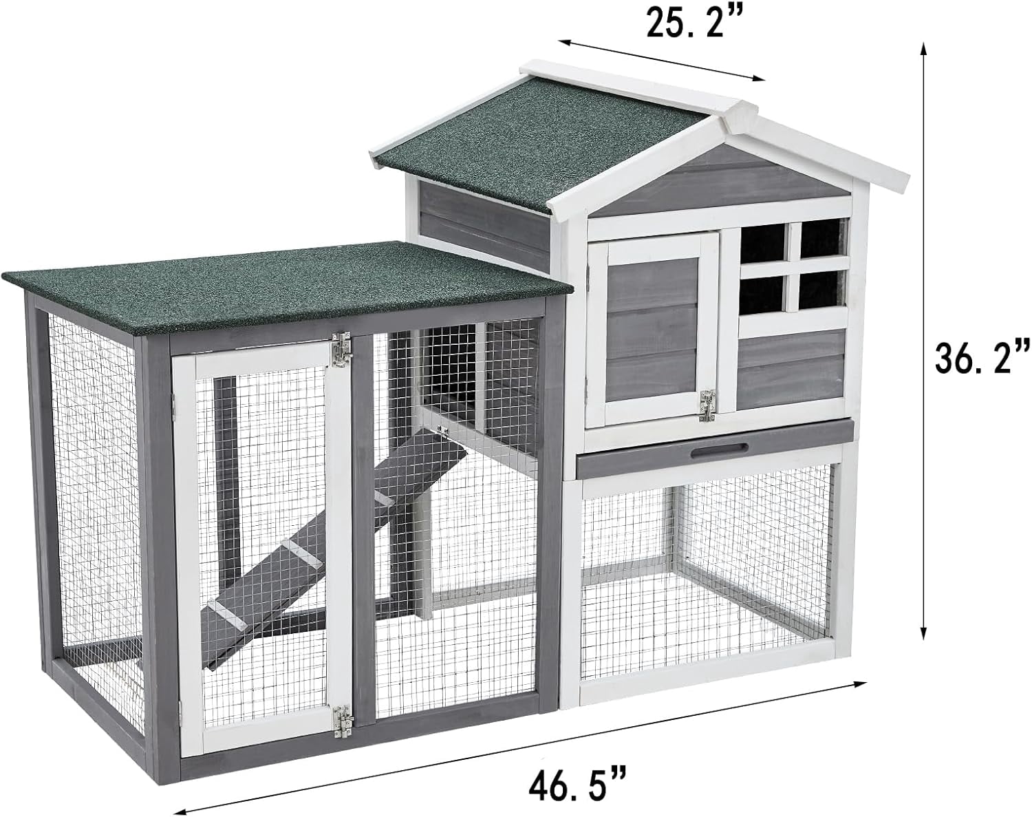 Furvclv 48" Wooden Rabbit Hutch for Small Animals, 2 Lockable Doors Animal Enclosure with Weather-Resistant Small House & Open Courtyard, Outdoor Bunny House with Wire Fence and Cleaning Tray