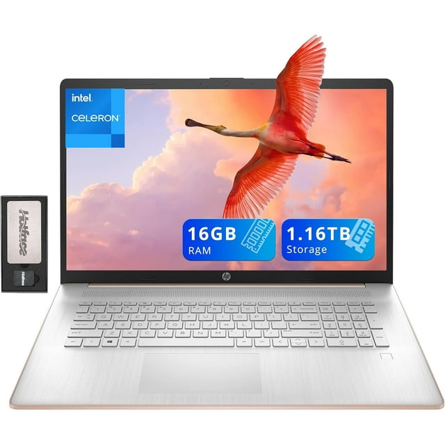 HP Portable 17,3 Po HD+ BrightView, Intel Celeron N4120, 16 Go de RAM, Stockage 1,16 To (SSD 1 To + Ensemble Station d'Accueil 160 Go), Intel UHD Graphics, Clavier Pleine Grandeur, Caméra Web, Wi‐Fi, Windows 11 Famille, Or Rose