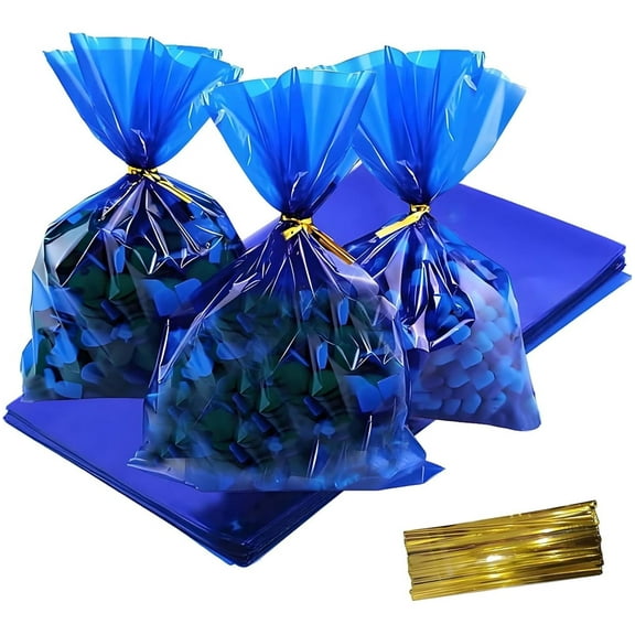 Clear Cellophane Bags Tutuviw 100 Pcs Gift Bags with Gold Twist Ties Valentines Cellophane Bags Gift Bags for Christmas Candy Cookie Wrapping Supplies (Blue)