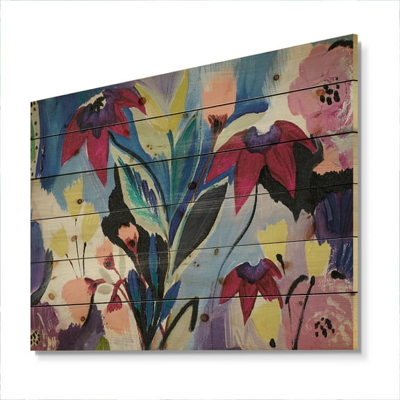 Designart 'Blue and Purple Flower Composition II' Floral Print on Natural Pine Wood