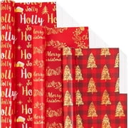 LeZakaa Red Gold Christmas Wrapping Paper Mini Roll, Christmas Tree Buffalo Plaid, Holly Jolly, Wreath Metallic Foil Holiday Gift Wrap, Arts Craft, for Xmas Winter Party, 17 x 120 inches, 3 Rolls