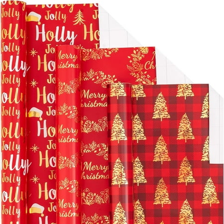 LeZakaa Red Gold Christmas Wrapping Paper Mini Roll, Christmas Tree Buffalo Plaid, Holly Jolly, Wreath Metallic Foil Holiday Gift Wrap, Arts Craft, for Xmas Winter Party, 17 x 120 inches, 3 Rolls