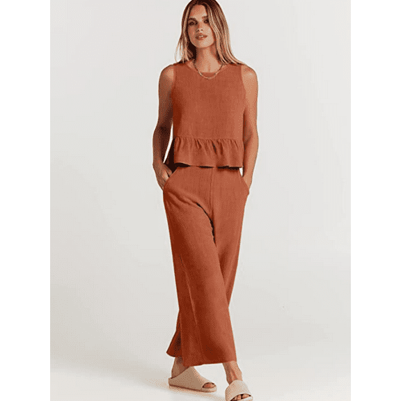 Womens Summer 2 Piece Outfits Sleeveless Tank Crop Top Wide Leg Pants with Pockets Linen Lounge Matching Beach Sets