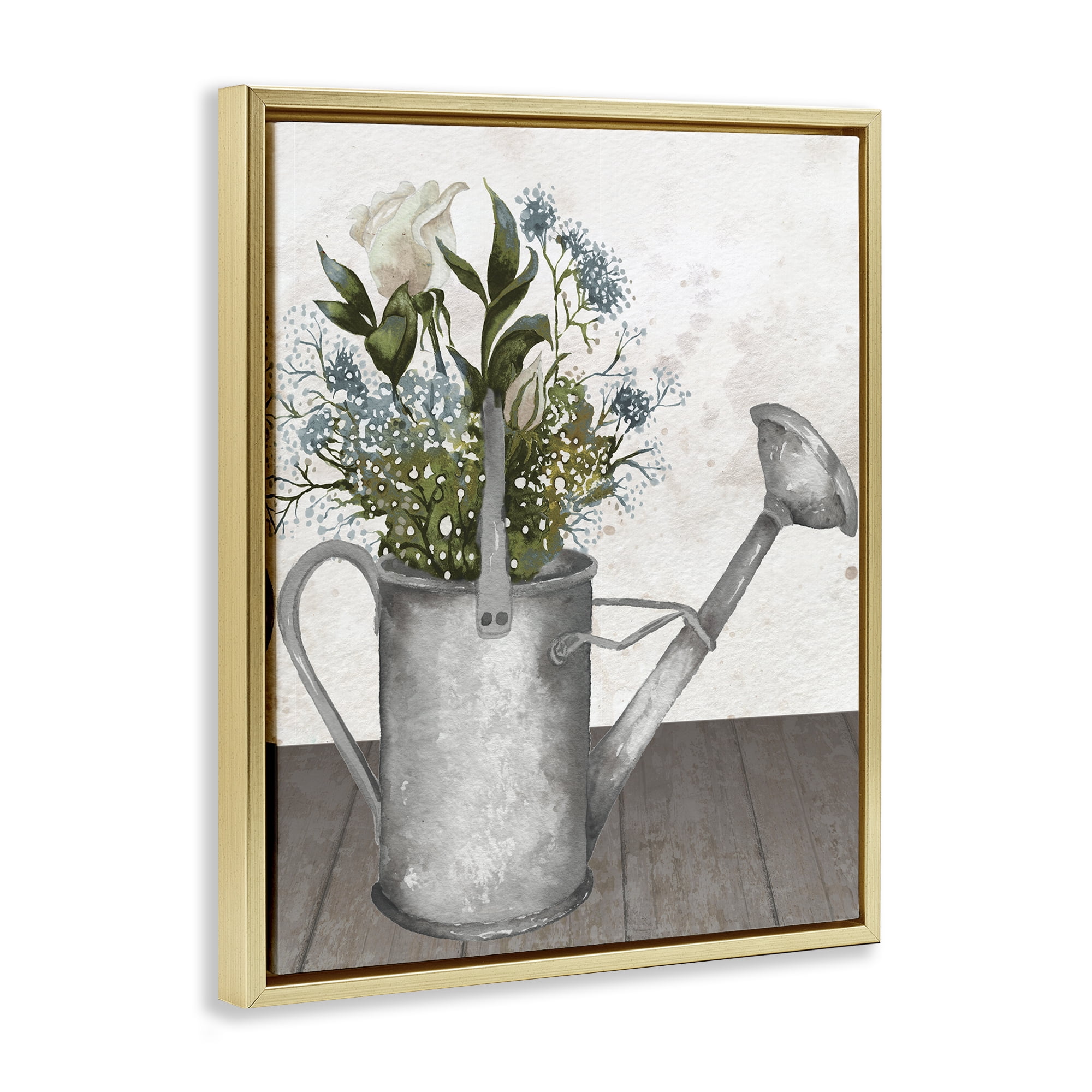 Stupell Industries Floral Pitcher Watering Can Gold Framed Floater Canvas Wall Art, design by Elizabeth Medley