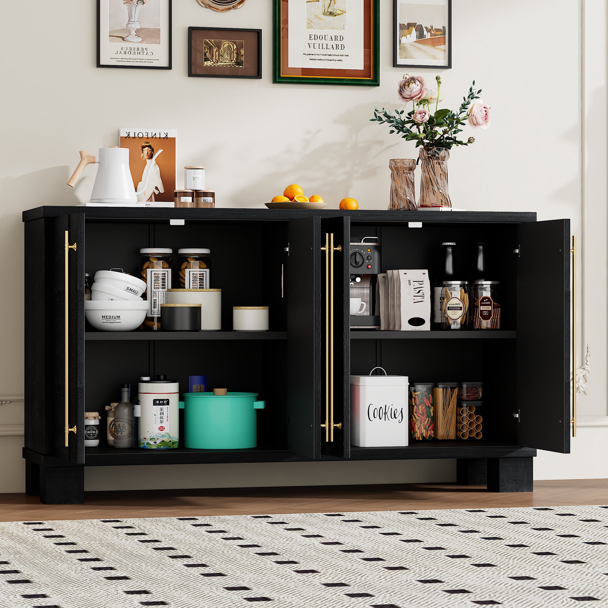 Vastcury 60" Traditional Style 4 Door Kitchen Sideboard Cabinet, Storage Coffee Bars with Gold Handles for Living Room, Black