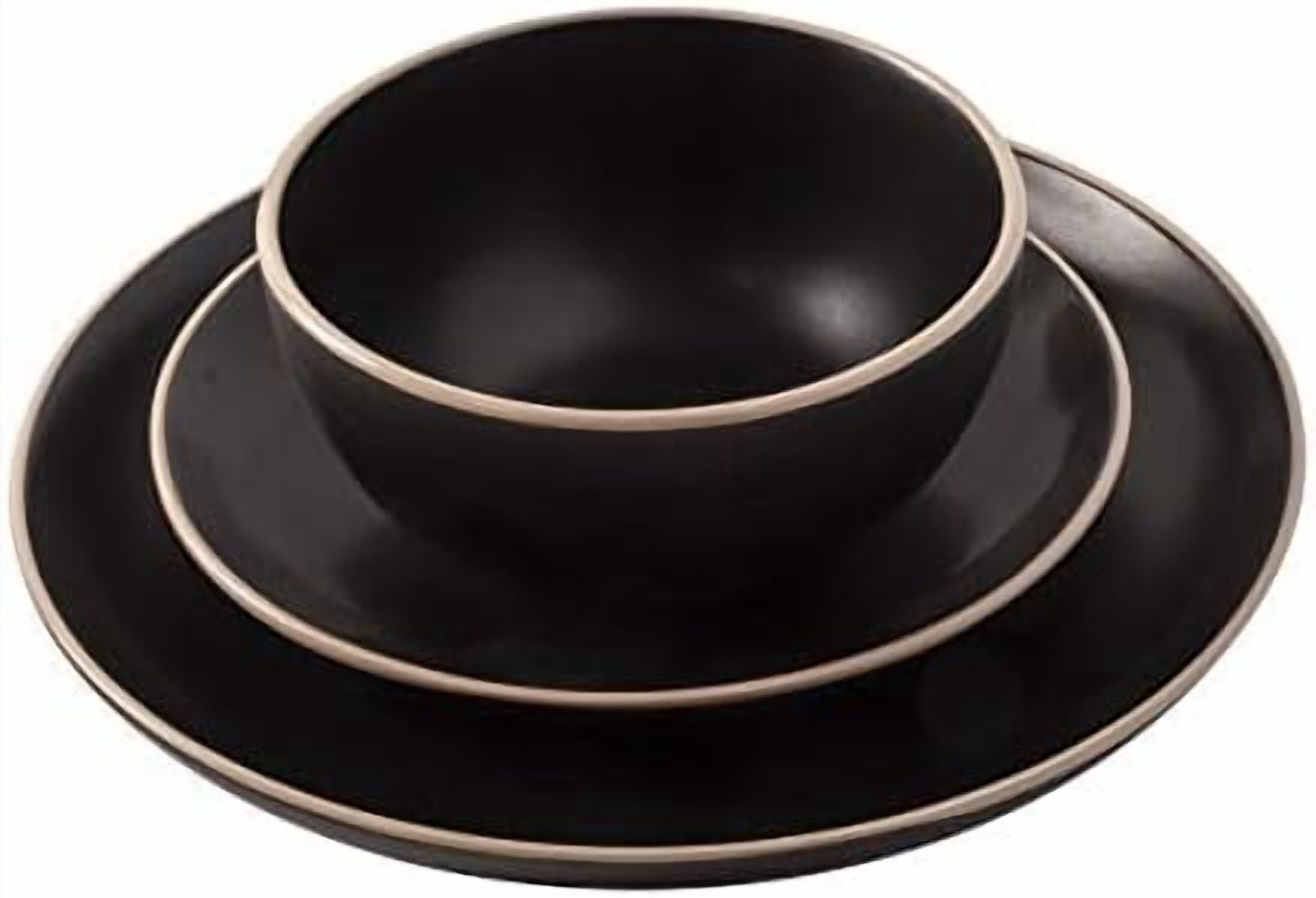 Rockaway 12-Piece Stoneware Dinnerware Set, Service for 4 – Modern Round Plates and Bowls, Dishwasher & Microwave Safe, Black